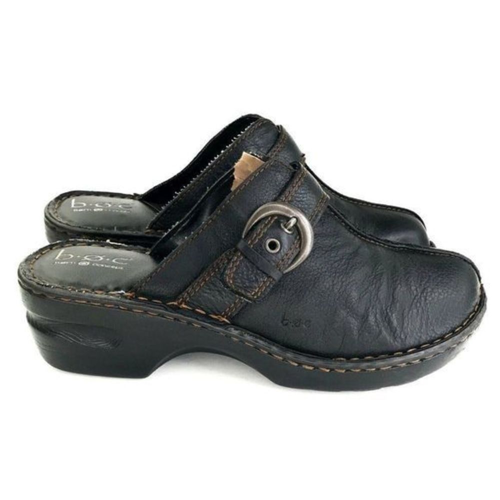 BOC Born Womens Size 9 Open Mules Black Leather‎ Buckle Chunky Heel Slip On